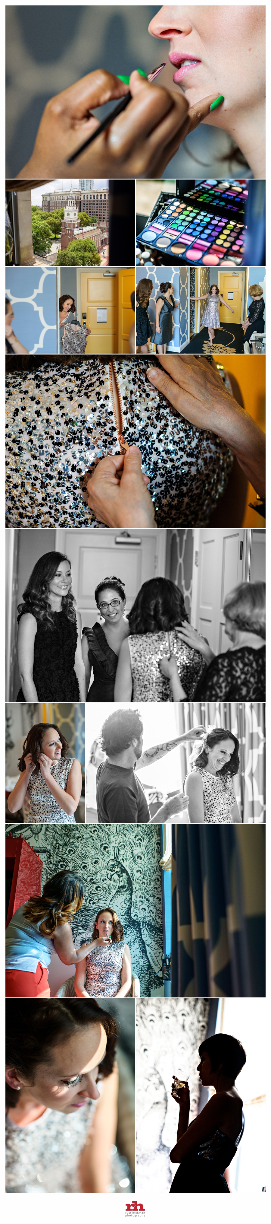 A bride puts on her wedding dress with the help of her mother at The Hotel Monaco in Philadelphia.